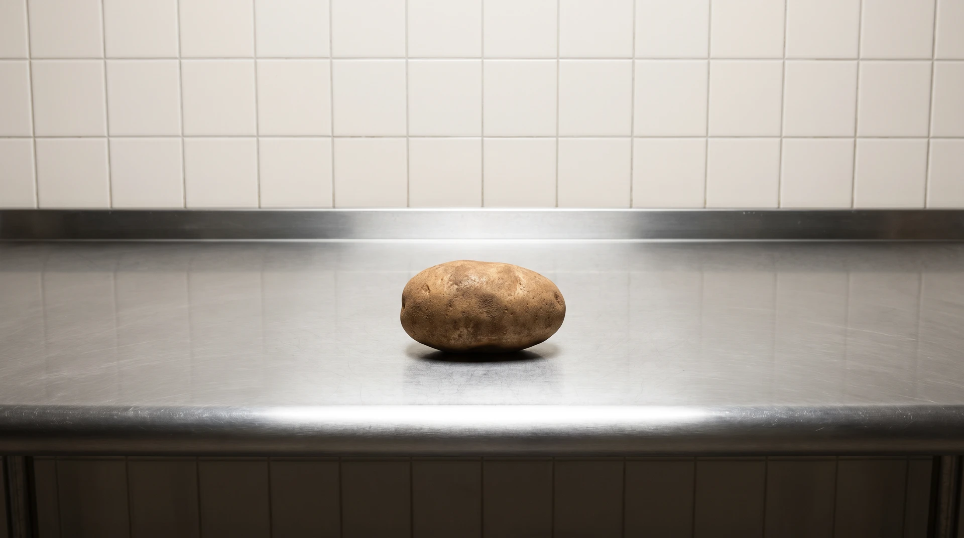 One potato on a steel kitchen counter